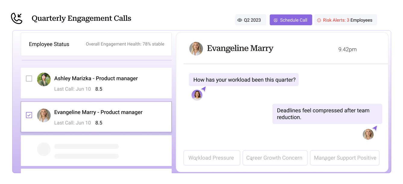 Demonstration of quarterly engagement calls screen with employee interaction